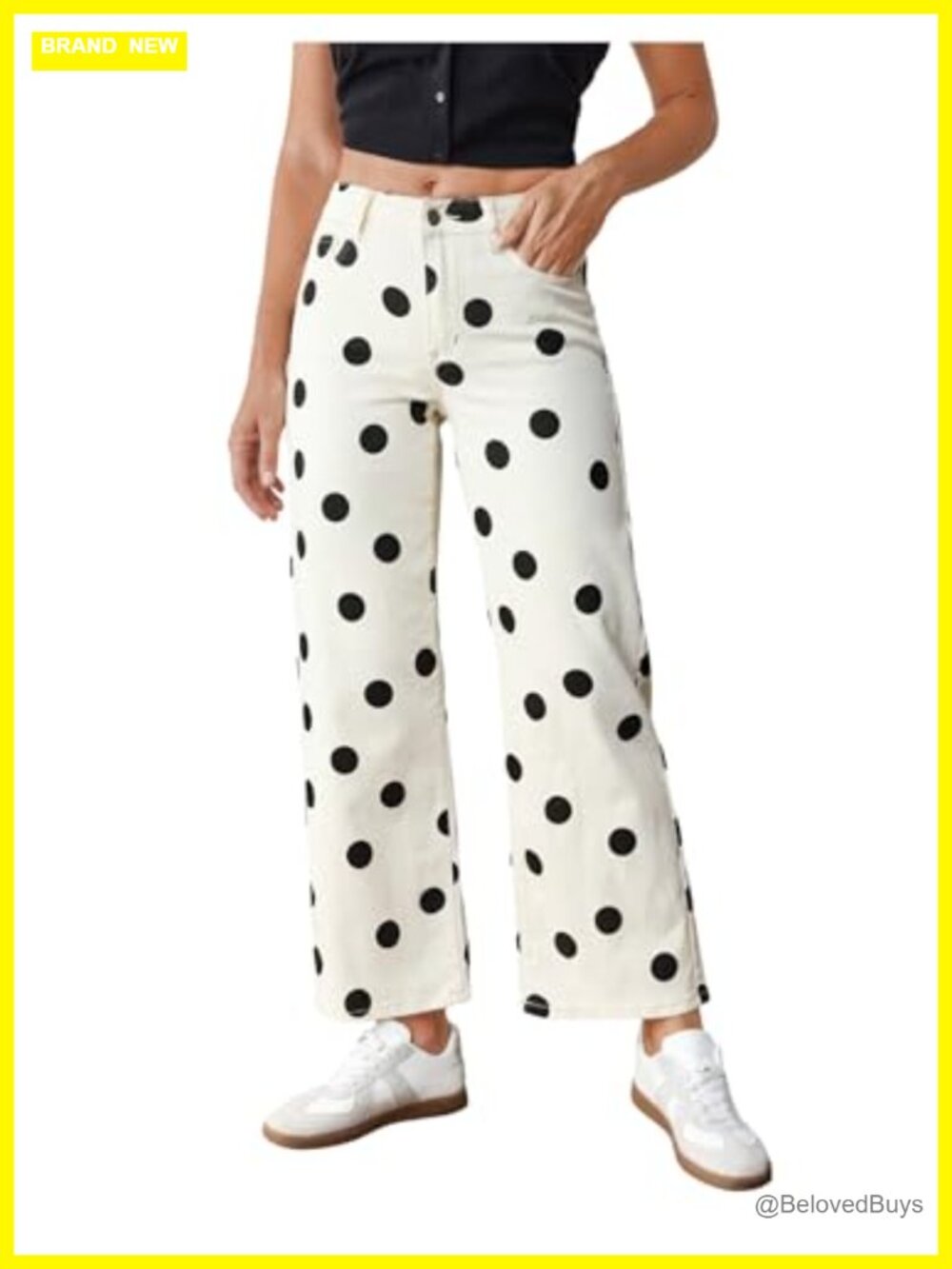 Low Rise Polka Dots Wide Leg Jeans Stretchy Fabric